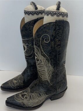 Womens Roper square Toe Peacock feather Embroidery Cowboy Boots Brown Size 9